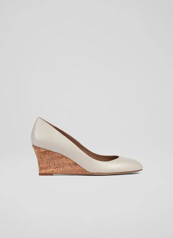 Women Court Shoes LKBennett Eevi Ecru Leather Cork Wedges Cream