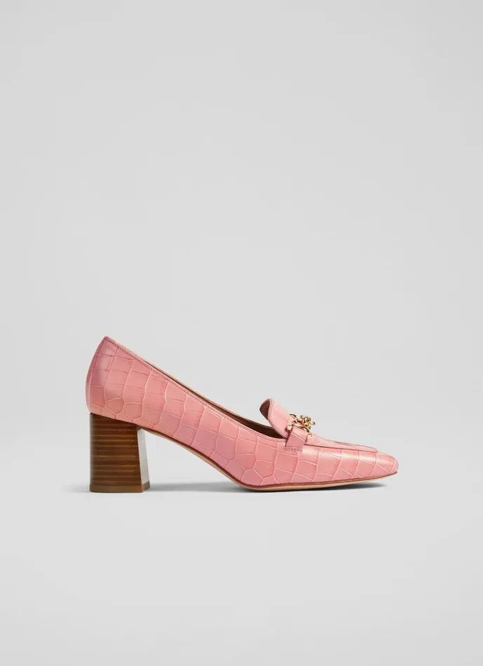 Women Court Shoes LKBennett Johanna Peach CrocEffect Leather Snaffle Detail Courts Peach