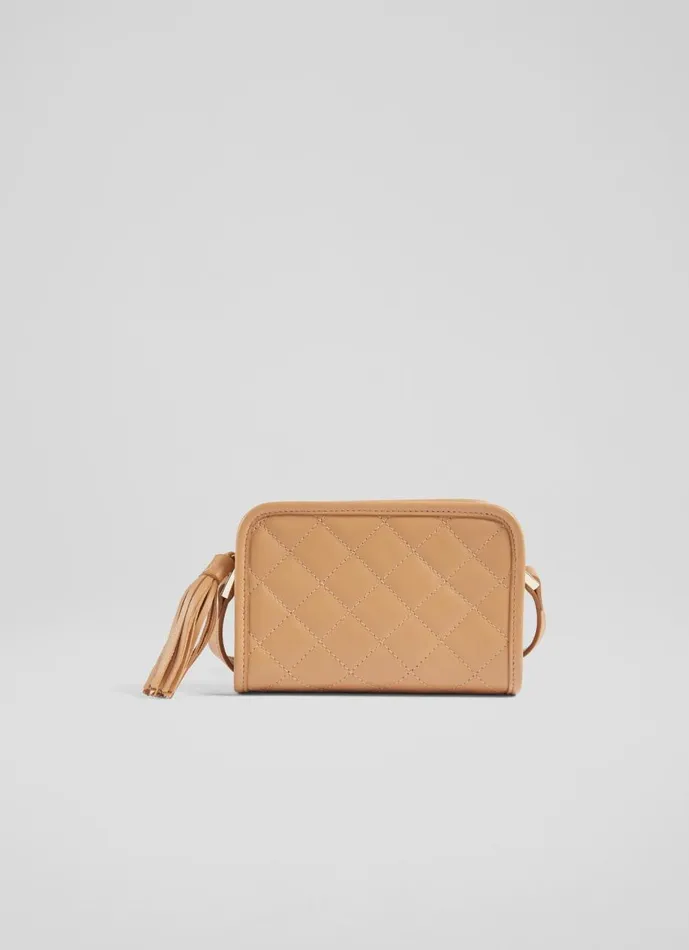 Women CrossBody Bags LKBennett Emma Camel Leather Quilted Crossbody Bag