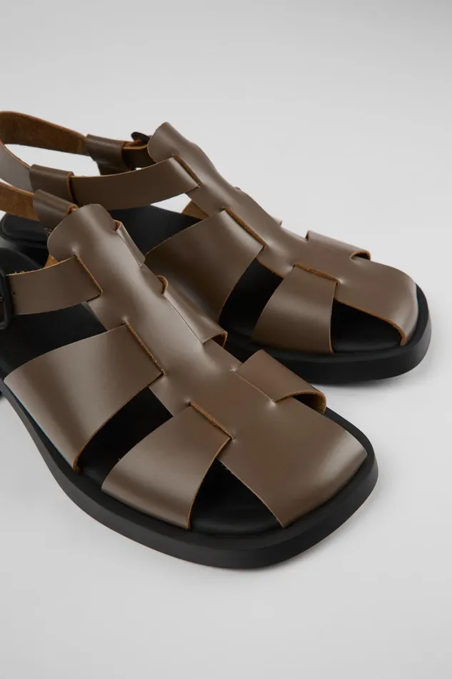 Women Dana Brown Leather Sandals Camper Flat Shoes