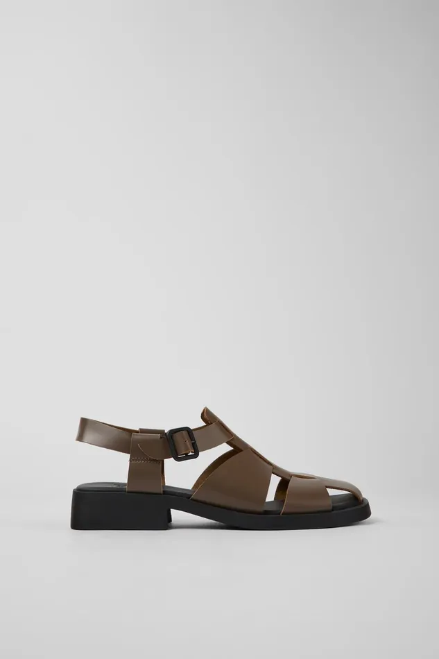 Women Dana Brown Leather Sandals Camper Flat Shoes
