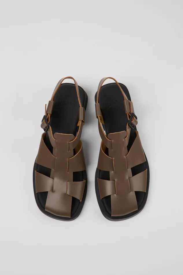 Women Dana Brown Leather Sandals Camper Flat Shoes