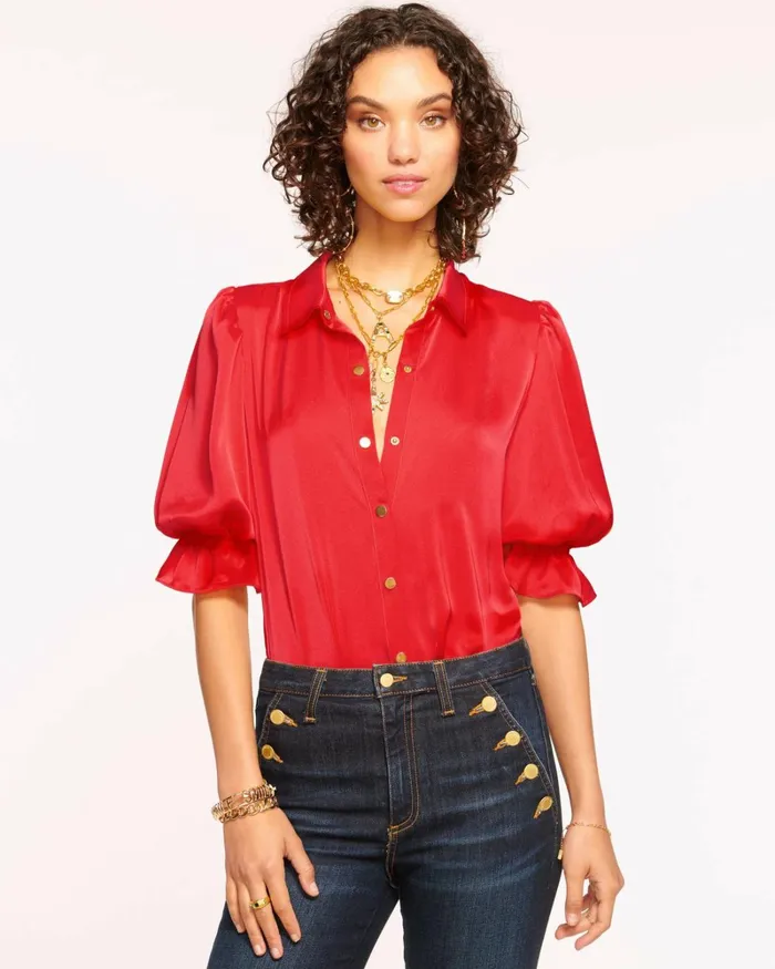 Women Dina Button Down Bodysuit Soiree Red Ramy Brook Tops
