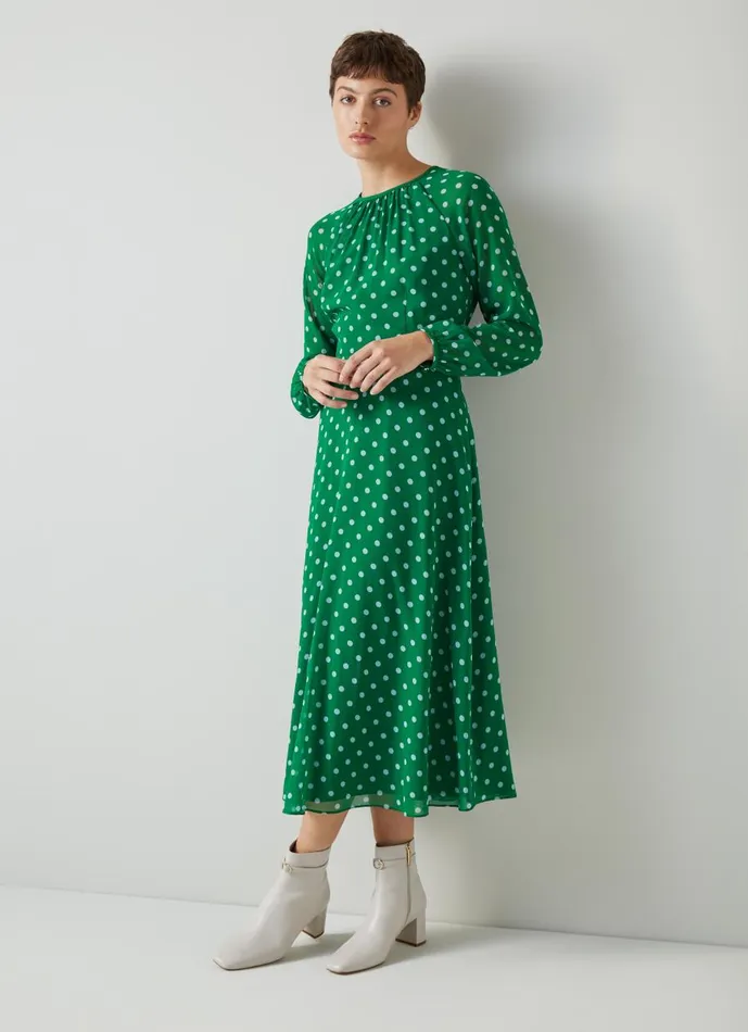 Women Dresses LKBennett Addison Green And Blue Spot Print Midi Dress Green Blue
