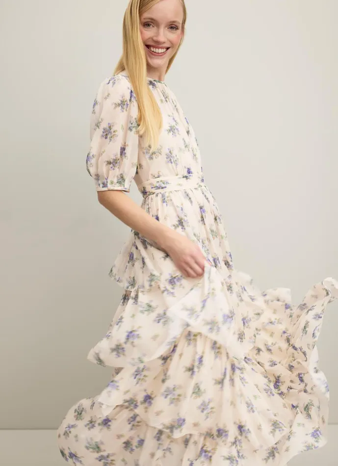 Women Dresses LKBennett Bouvier Bouquet Print Silk Tiered Dress Cream