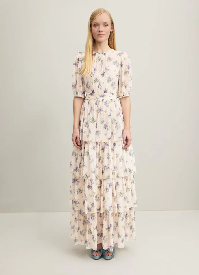 Women Dresses LKBennett Bouvier Bouquet Print Silk Tiered Dress Cream Women Dresses LKBennett Bouvier Bouquet Print Silk Tiered Dress Cream