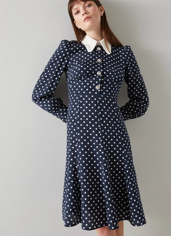 Women Dresses LKBennett Mathilde Navy and Cream Polka Dot Silk Tea Dress Navy Blue