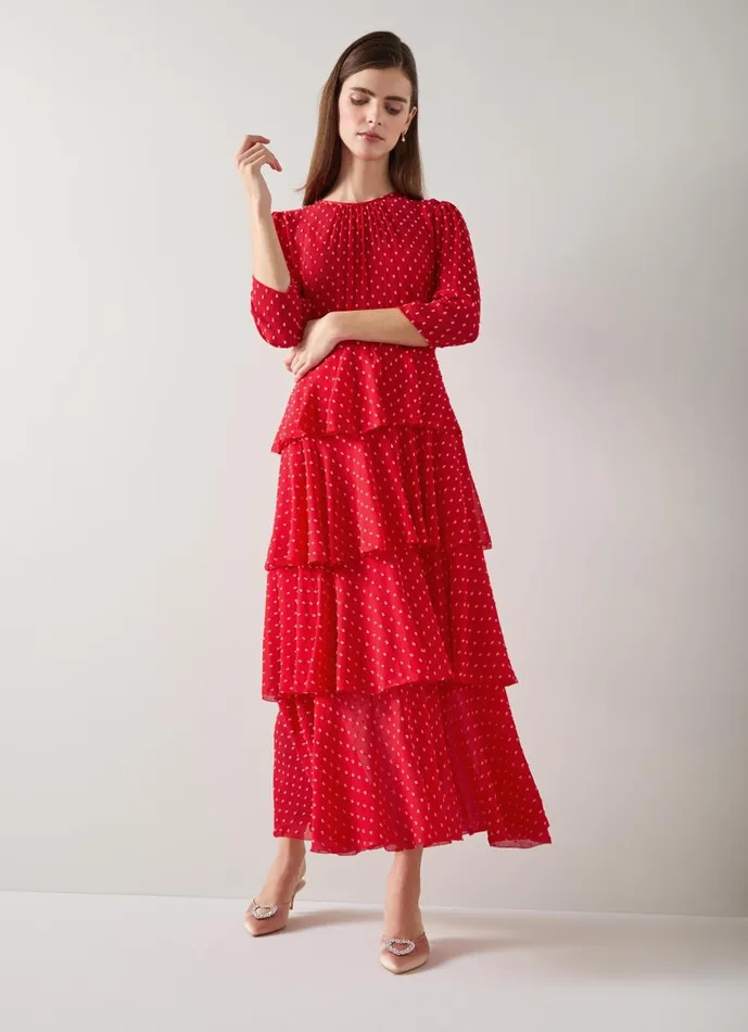Women Dresses LKBennett Poppy Red Poinsettia Tiered Dress Multi