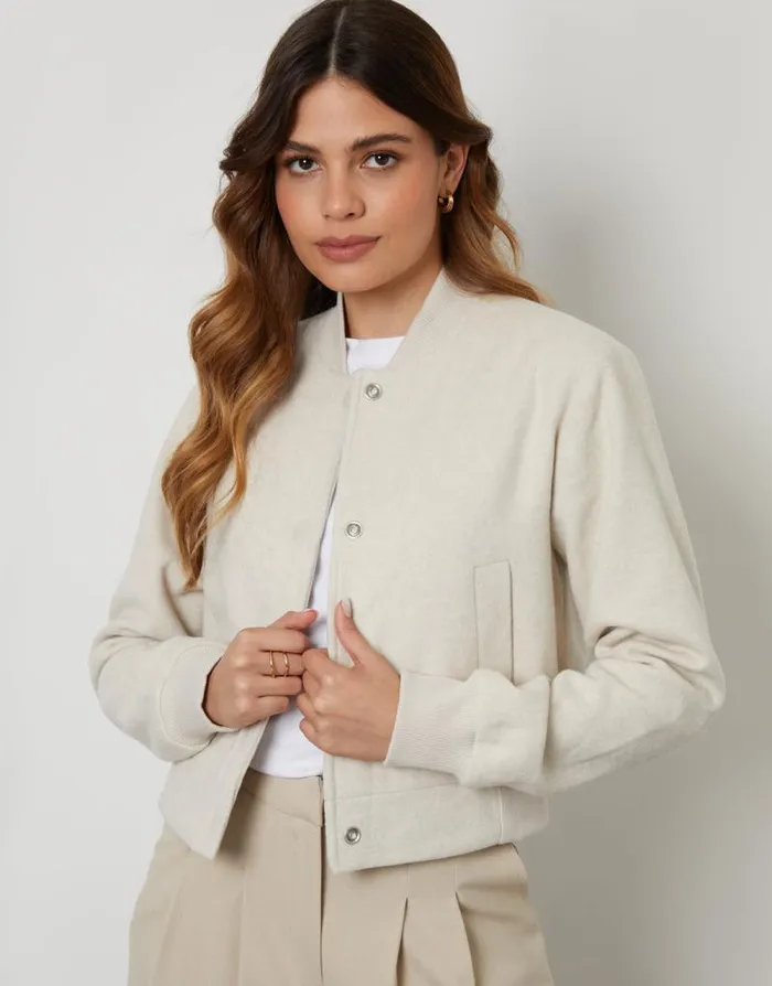 Women Ecru Brushed Cropped Bomber Jacket Threadbare Jackets
