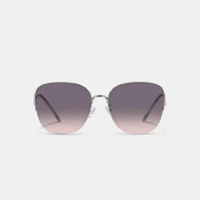 Women Eyewear Coach Metal Rounded Sunglasses Grey Pink Gradient