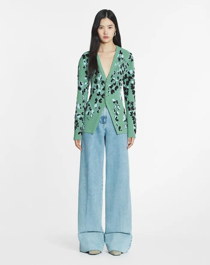 Women Lanvin Knitwear Tailored Jacquard Cardigan Vert De Gris Women Lanvin Knitwear Tailored Jacquard Cardigan Vert De Gris