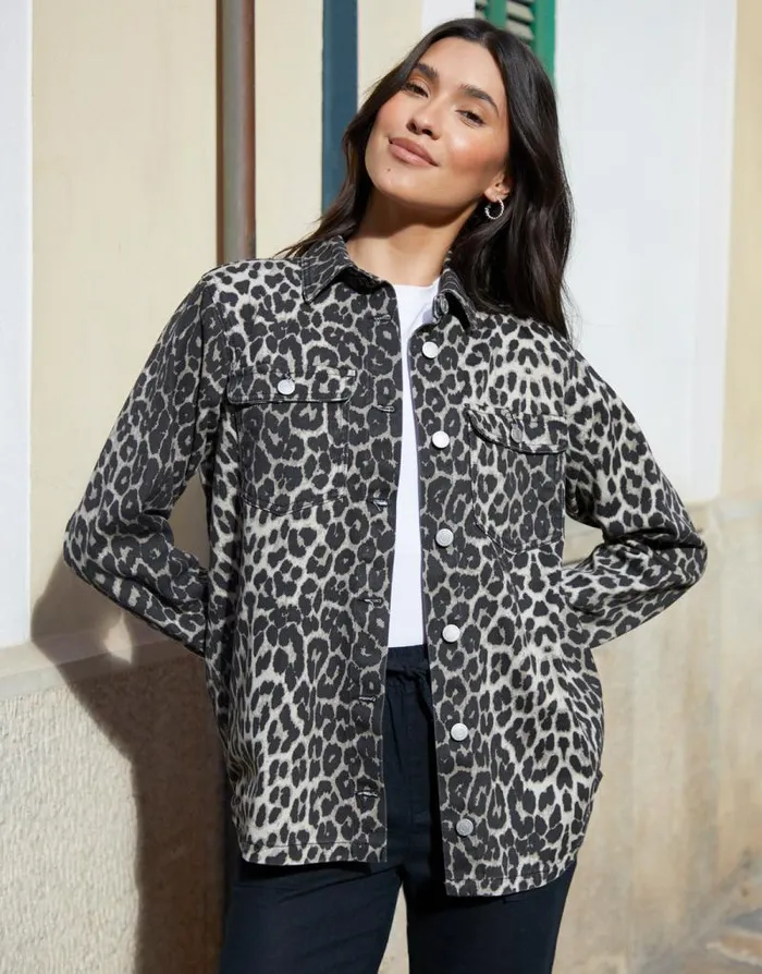 Women Leopard Print Denim Shacket Threadbare Jackets Women Leopard Print Denim Shacket Threadbare Jackets
