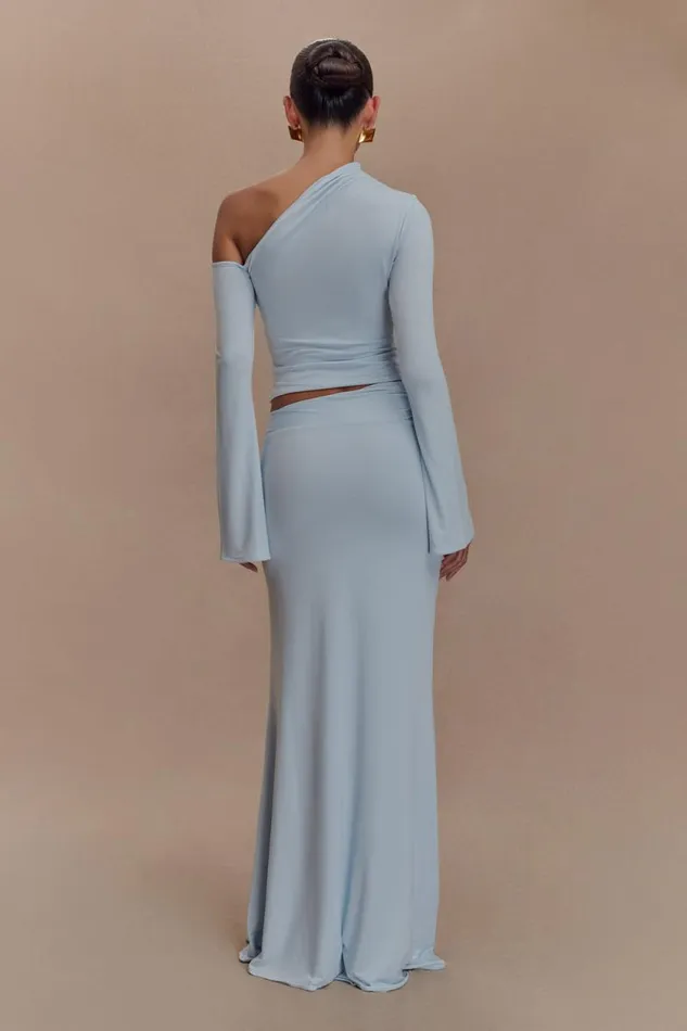 Women Meshki Bottoms Ainsley Asymmetrical Maxi Skirt With Floral Hardware 8211 Pale Blue