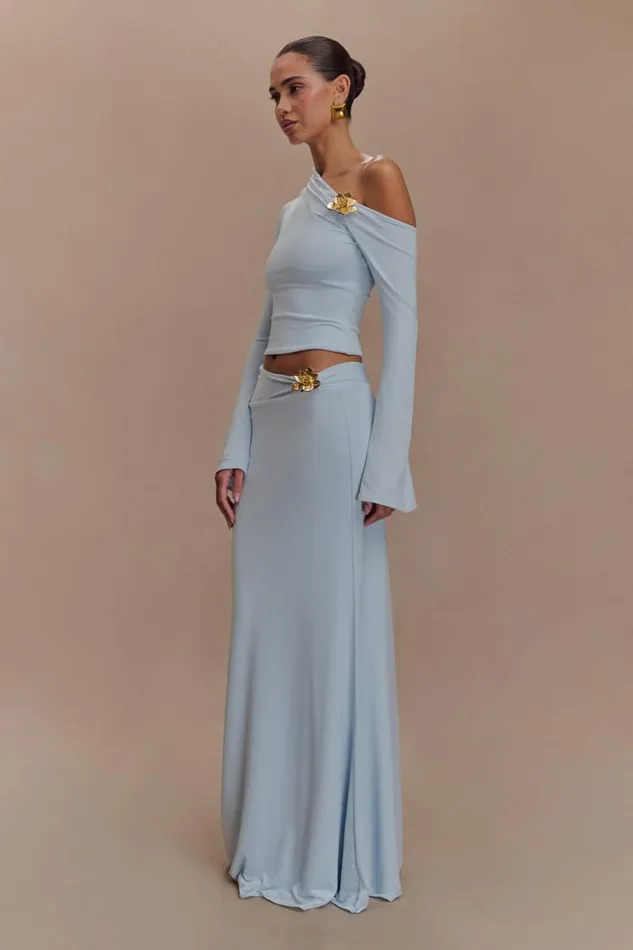 Women Meshki Bottoms Ainsley Asymmetrical Maxi Skirt With Floral Hardware 8211 Pale Blue