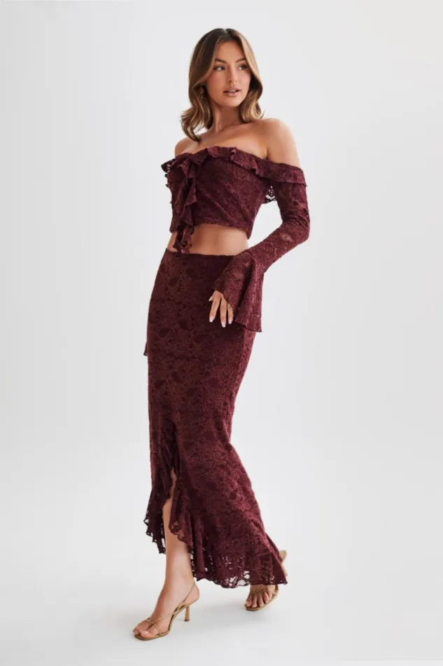 Women Meshki Bottoms Artemis Lace Plisse Maxi Skirt 8211 Plum