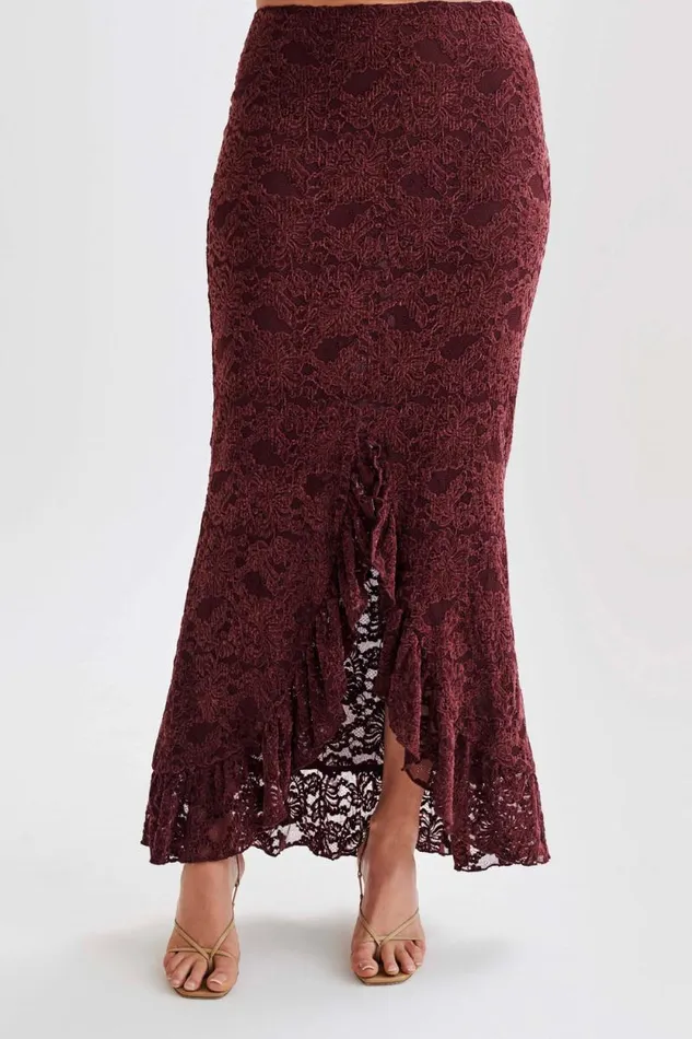Women Meshki Bottoms Artemis Lace Plisse Maxi Skirt 8211 Plum