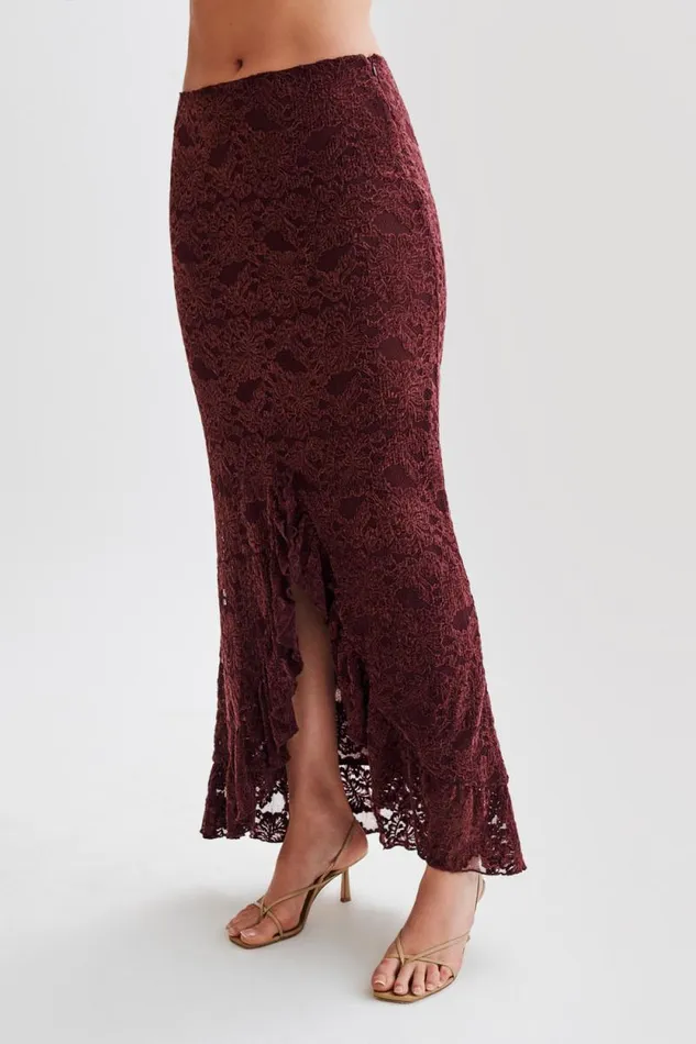 Women Meshki Bottoms Artemis Lace Plisse Maxi Skirt 8211 Plum
