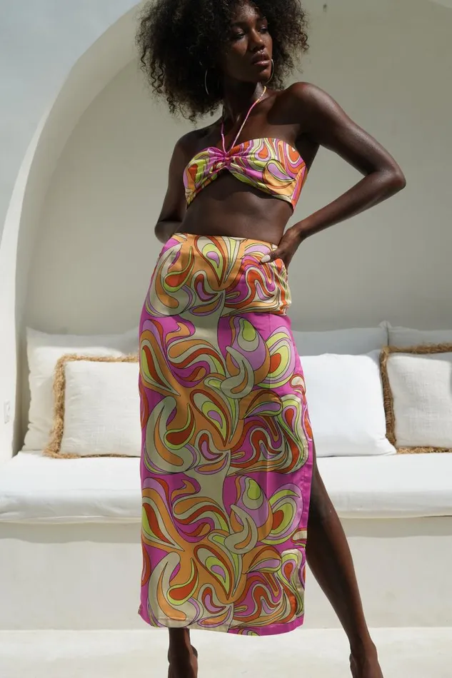 Women Meshki Bottoms Frankie Two Tone Satin Maxi Skirt 8211 Psychedelic Print