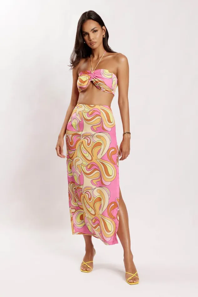 Women Meshki Bottoms Frankie Two Tone Satin Maxi Skirt 8211 Psychedelic Print