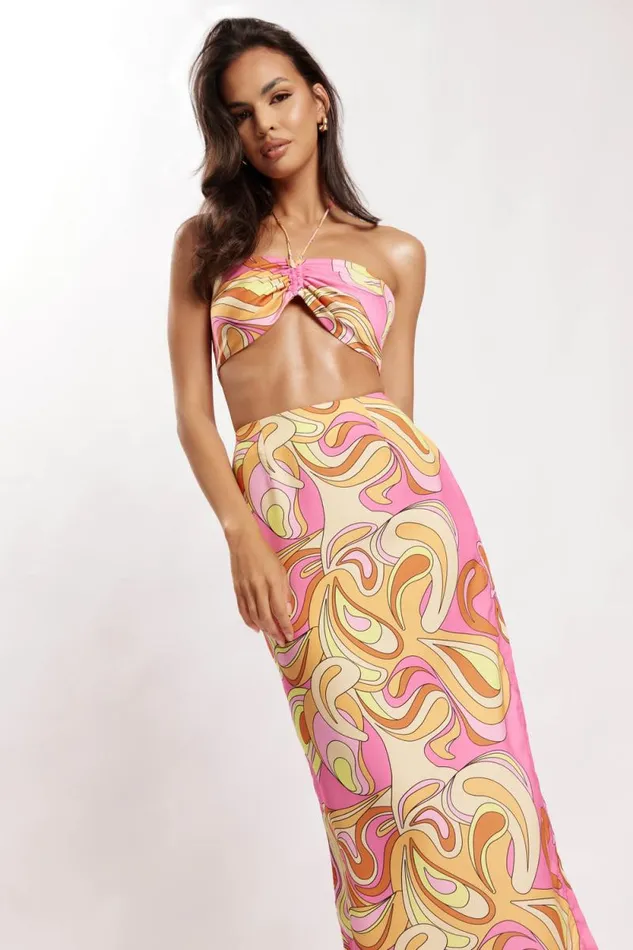 Women Meshki Bottoms Frankie Two Tone Satin Maxi Skirt 8211 Psychedelic Print