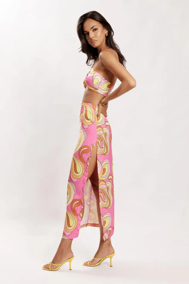 Women Meshki Bottoms Frankie Two Tone Satin Maxi Skirt 8211 Psychedelic Print