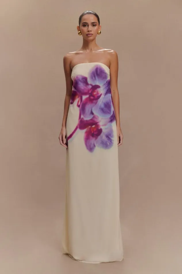 Women Meshki Dresses Amaya Strapless Chiffon Maxi Dress 8211 Ivory Koi Orchid Print Women Meshki Dresses Amaya Strapless Chiffon Maxi Dress 8211 Ivory Koi Orchid Print