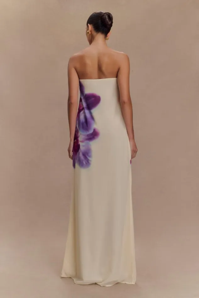 Women Meshki Dresses Amaya Strapless Chiffon Maxi Dress 8211 Ivory Koi Orchid Print