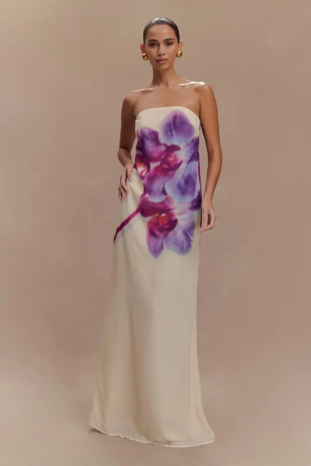 Women Meshki Dresses Amaya Strapless Chiffon Maxi Dress 8211 Ivory Koi Orchid Print