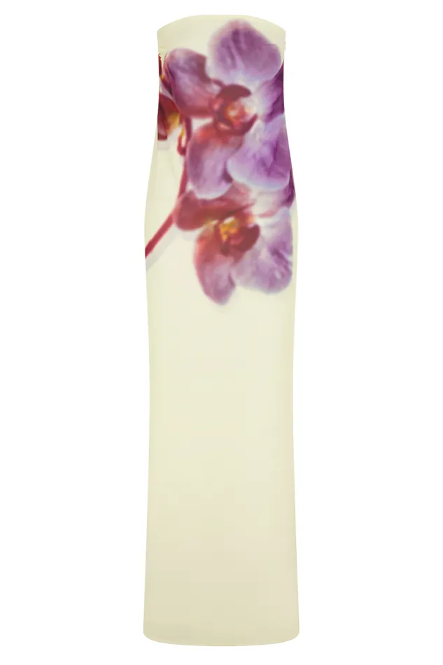 Women Meshki Dresses Amaya Strapless Chiffon Maxi Dress 8211 Ivory Koi Orchid Print