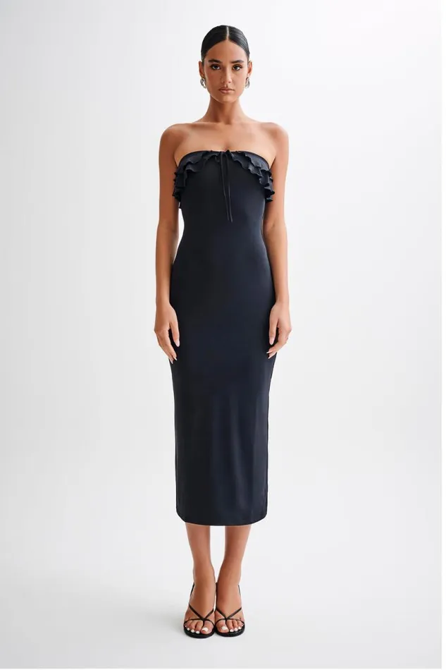 Women Meshki Dresses Bea Strapless Slinky Ruffle Midi Dress 8211 Black