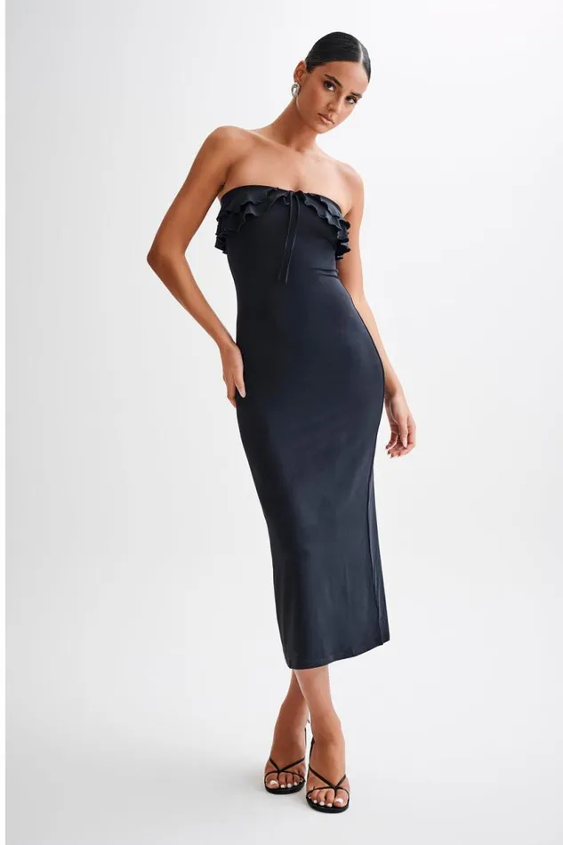 Women Meshki Dresses Bea Strapless Slinky Ruffle Midi Dress 8211 Black