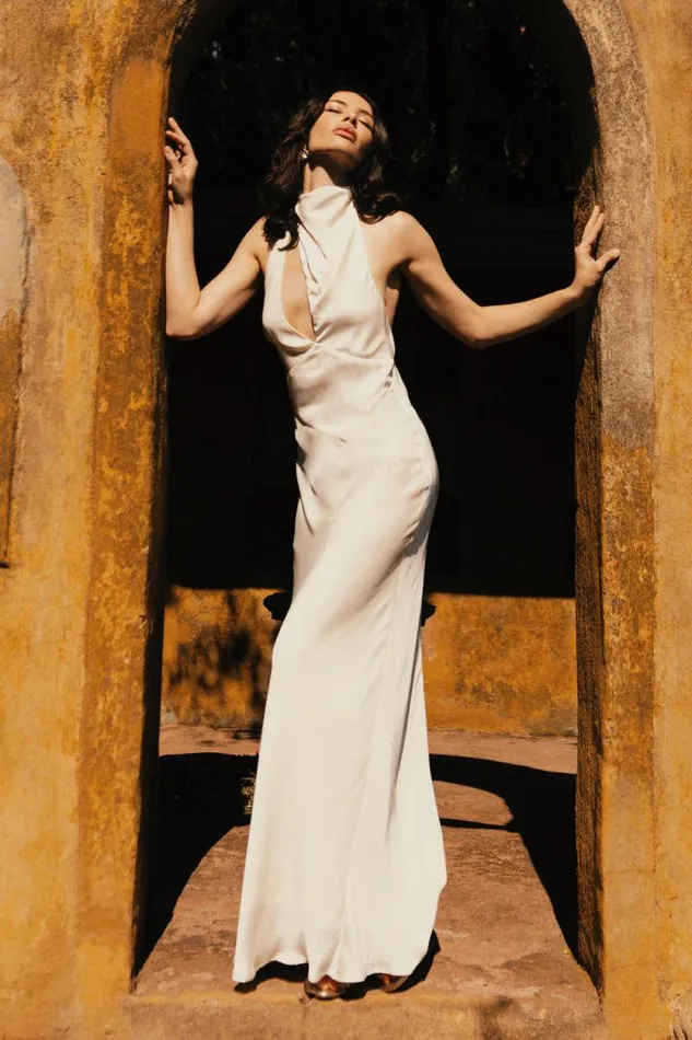 Women Meshki Dresses Belladonna Satin Halter Maxi Dress 8211 Ivory