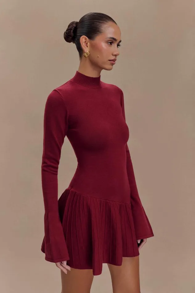 Women Meshki Dresses Blair Knit Mini Dress With Pleats 8211 Merlot