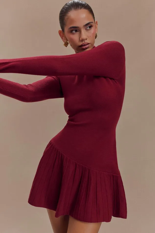 Women Meshki Dresses Blair Knit Mini Dress With Pleats 8211 Merlot