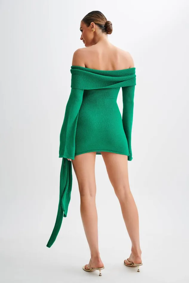 Women Meshki Dresses Camryn Off Shoulder Tie Knit Mini Dress 8211 Green