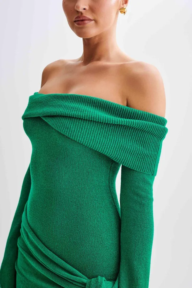Women Meshki Dresses Camryn Off Shoulder Tie Knit Mini Dress 8211 Green