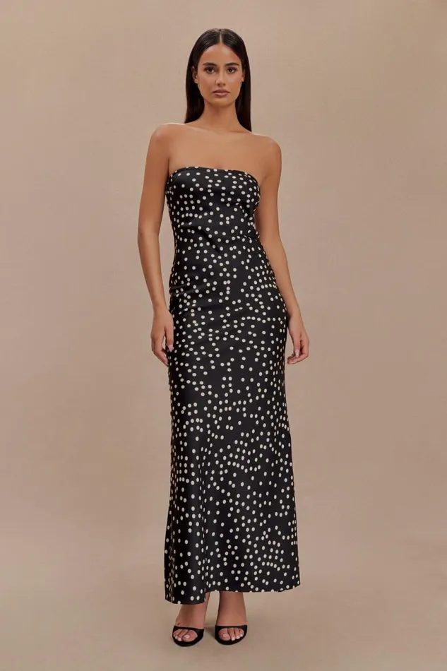 Women Meshki Dresses Claudette Strapless Satin Maxi Dress 8211 Black Polka Dot Print Women Meshki Dresses Claudette Strapless Satin Maxi Dress 8211 Black Polka Dot Print