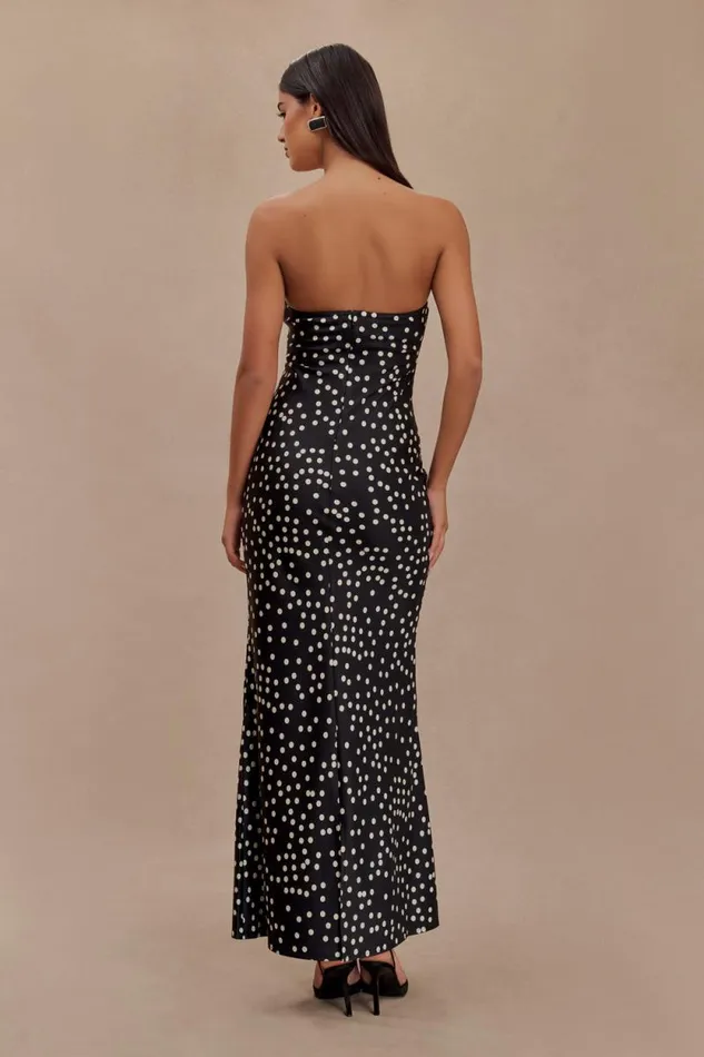 Women Meshki Dresses Claudette Strapless Satin Maxi Dress 8211 Black Polka Dot Print