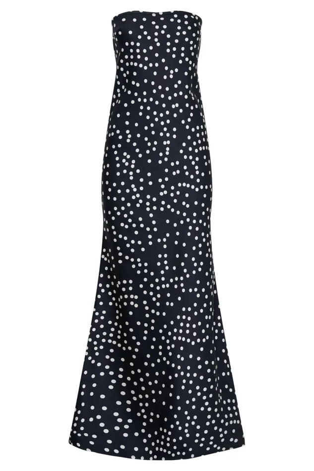 Women Meshki Dresses Claudette Strapless Satin Maxi Dress 8211 Black Polka Dot Print