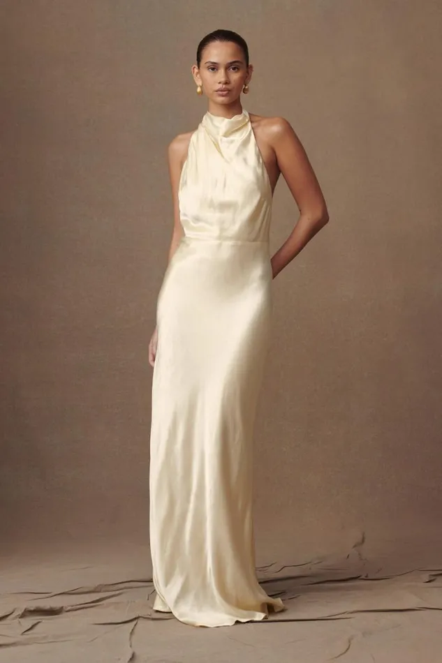 Women Meshki Dresses Esther Iridescent Satin Cowl Maxi Dress 8211 Lemon Sorbet