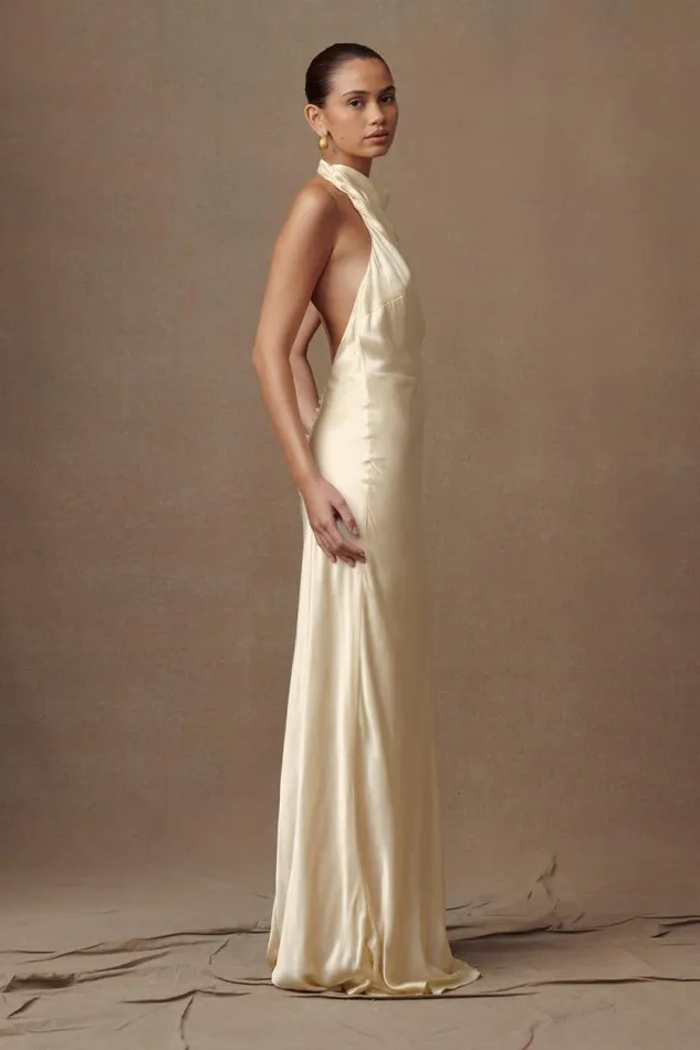 Women Meshki Dresses Esther Iridescent Satin Cowl Maxi Dress 8211 Lemon Sorbet