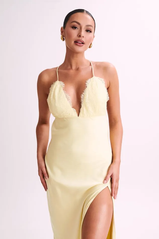 Women Meshki Dresses Gina Satin Slip Maxi Dress With Lace 8211 Lemon