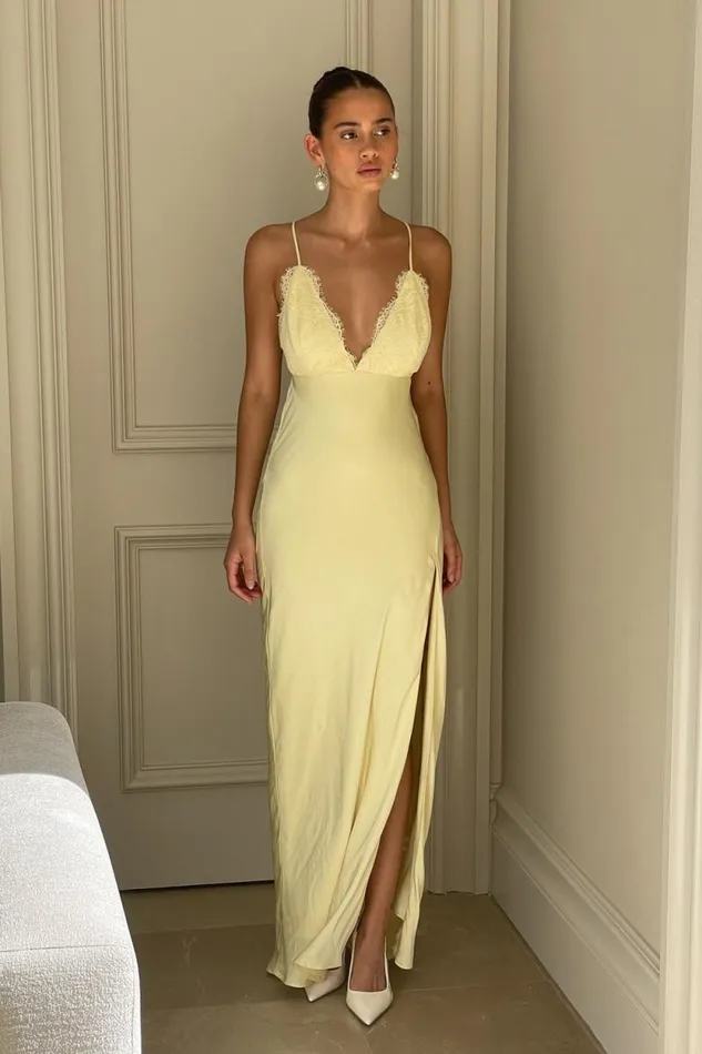 Women Meshki Dresses Gina Satin Slip Maxi Dress With Lace 8211 Lemon