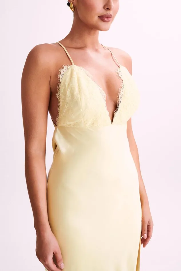 Women Meshki Dresses Gina Satin Slip Maxi Dress With Lace 8211 Lemon