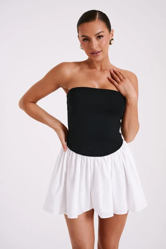 Women Meshki Dresses Hannah Knit And Linen Mini Dress 8211 BlackWhite