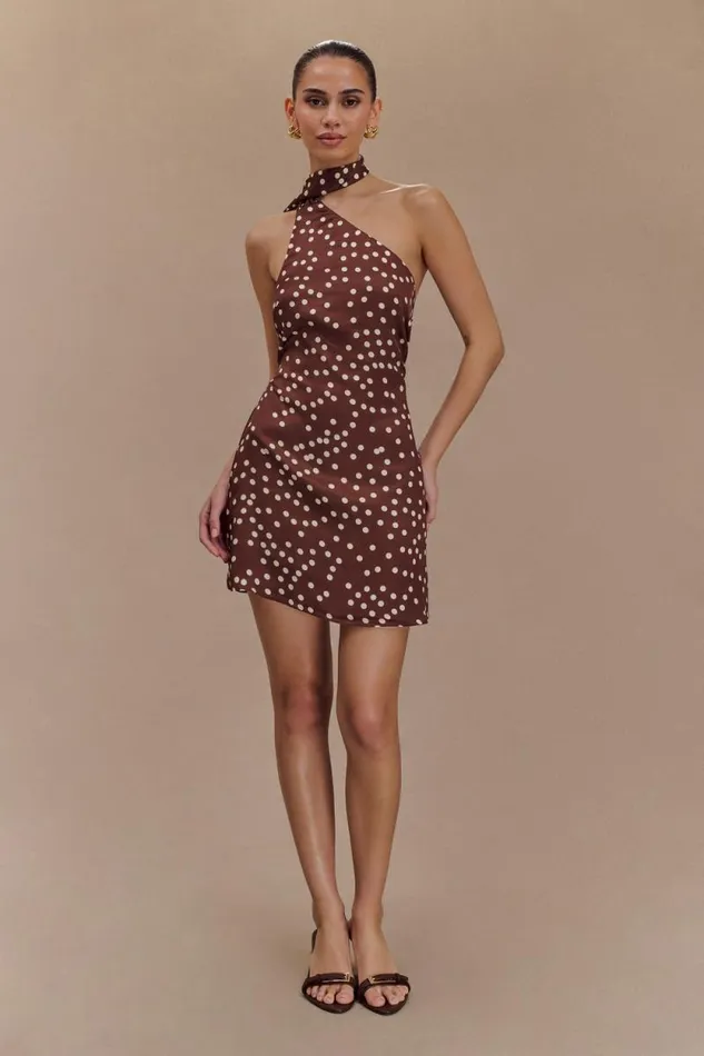 Women Meshki Dresses Joan Satin Asymmetrical Mini Dress 8211 Brown Polka Dot Print Women Meshki Dresses Joan Satin Asymmetrical Mini Dress 8211 Brown Polka Dot Print