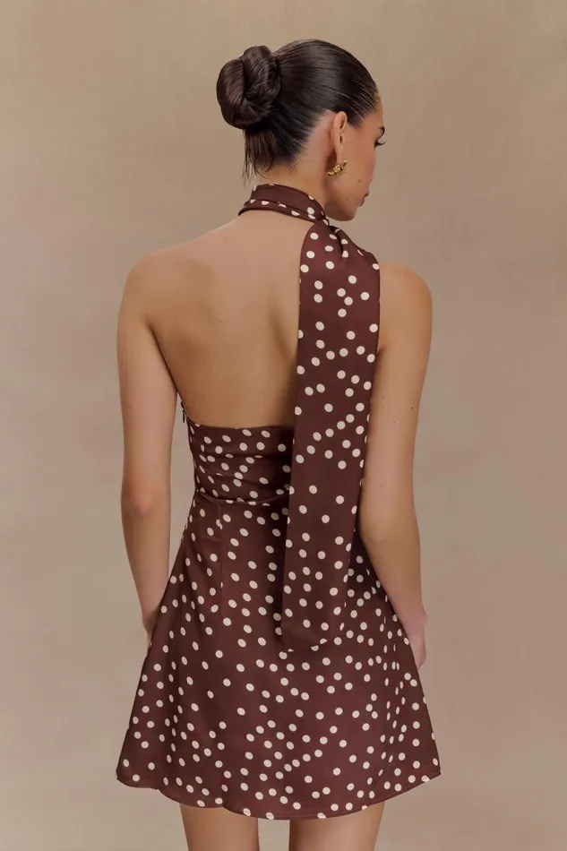 Women Meshki Dresses Joan Satin Asymmetrical Mini Dress 8211 Brown Polka Dot Print