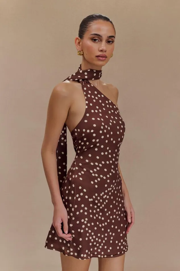 Women Meshki Dresses Joan Satin Asymmetrical Mini Dress 8211 Brown Polka Dot Print