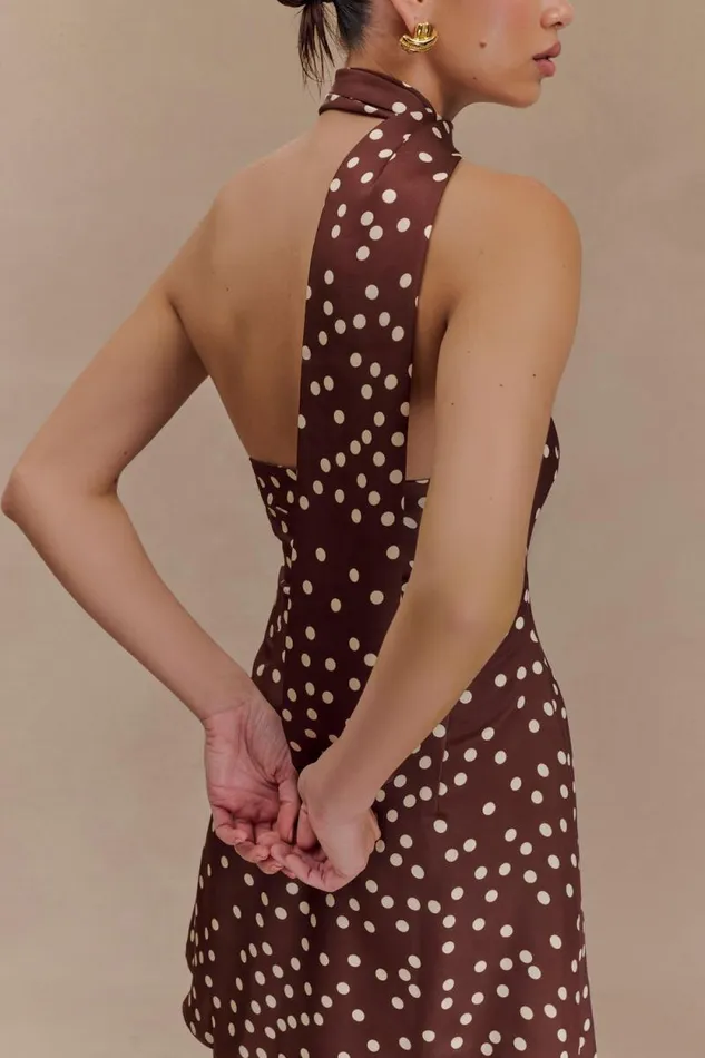 Women Meshki Dresses Joan Satin Asymmetrical Mini Dress 8211 Brown Polka Dot Print