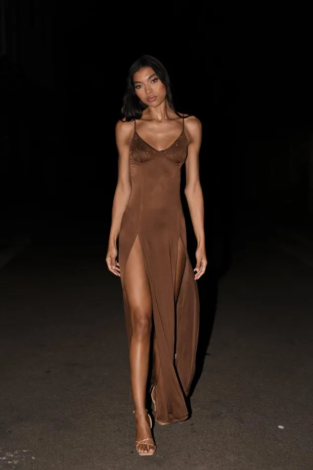 Women Meshki Dresses Jojo Jersey Split Maxi Dress With Diamante 8211 Chocolate Women Meshki Dresses Jojo Jersey Split Maxi Dress With Diamante 8211 Chocolate